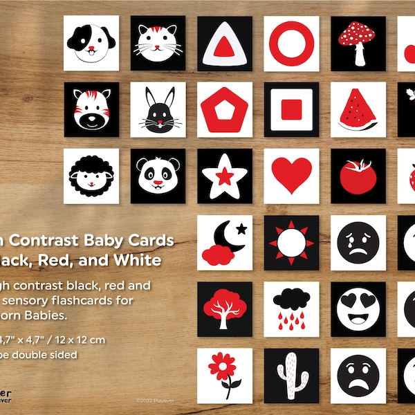 High Contrast Baby Cards in Black, Red, and White Printable Montessori Sensory Flashcards for Newborn Babies