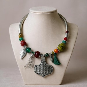 Bohemian Tribal Necklace – Ethnic Statement Jewelry with Colorful Beads & Silver Pendant