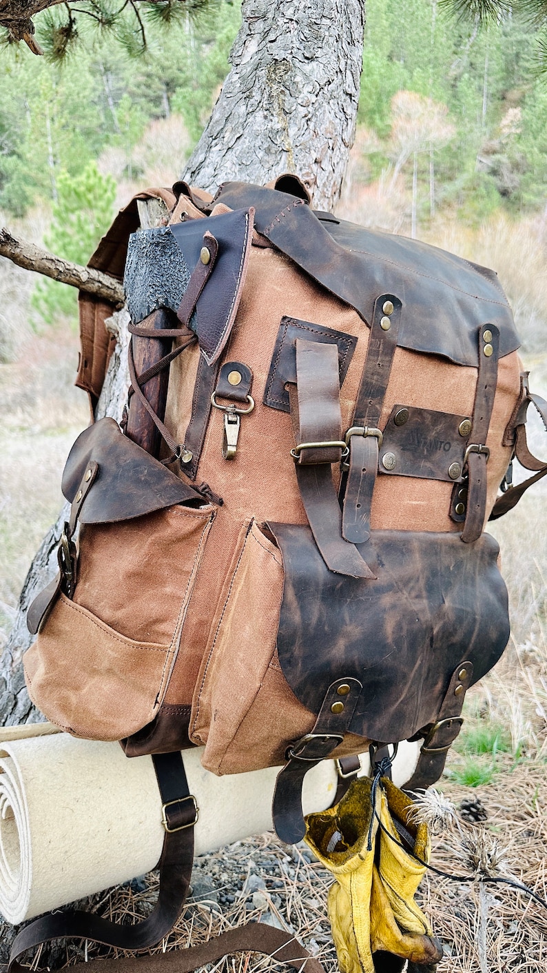 Bushcraft Backpack,leather&canvas Backpack ,waterproof Canvas Rucksack ...