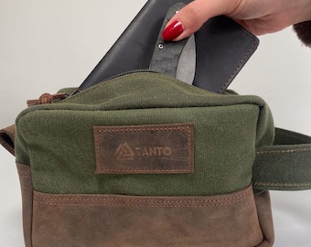 Gewachstes Canvas & Leder Dopp Kit - Handgemachter Kulturbeutel für Männer & Frauen - Wasserfester Kulturbeutel
