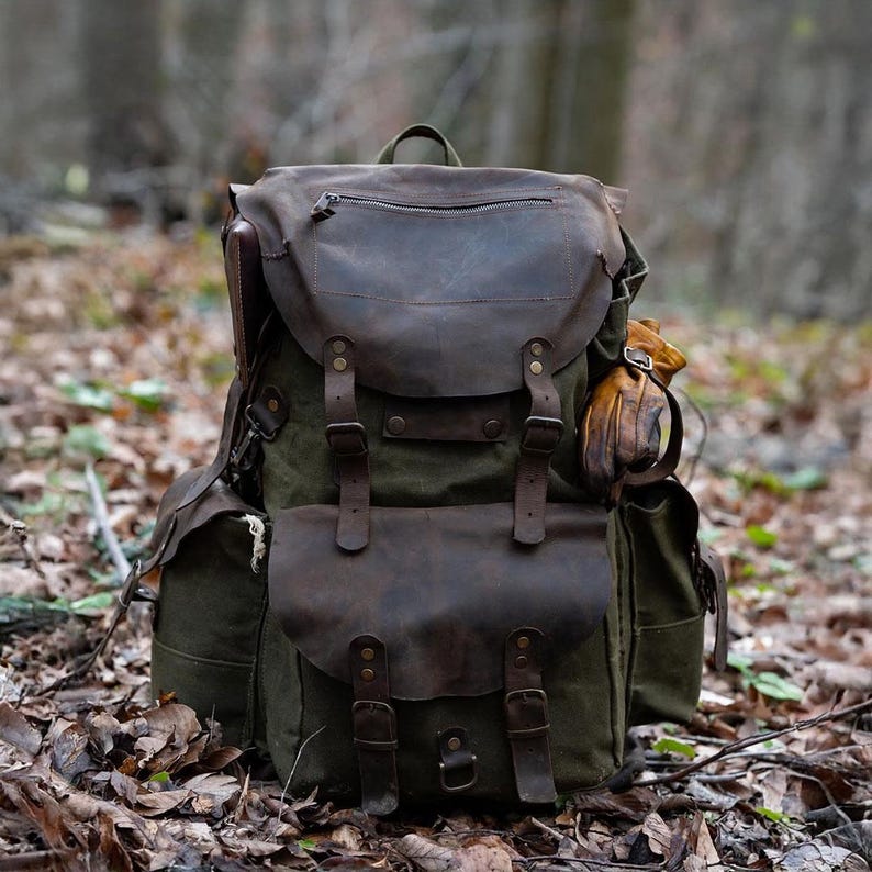Bushcraft Backpack,leather&canvas Backpack ,waterproof Canvas Rucksack ...