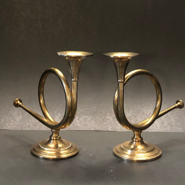 Vntg Brass Trumpet Candle Holders