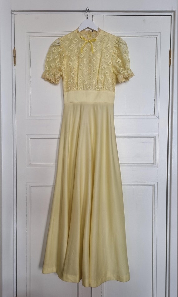 1970s Lemon yellow floor length dress