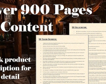 May include: A close-up of a page from a book with the text "Over 900 Pages of Content" and "100 Tavern Encounters" and "100 Hallucinations". The page is on a wooden table in a dimly lit room with candles and a wooden beam overhead.