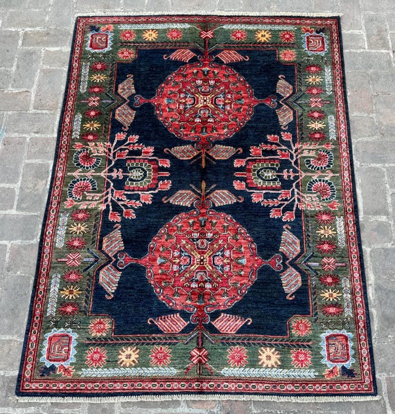 ネイビーブルー 5x7 オリエンタルエリアラグ - リビングルームと