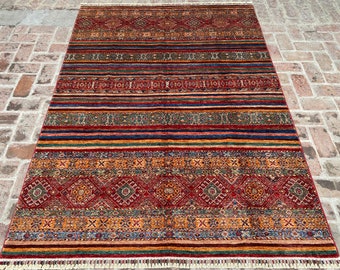 6x8 Colourful Khorjin Area Rug - Vegetable Dyed Afghan Hand-knotted Tribal Woollen Rug for Living Room & Bedroom - Luxurious Soft Pile Rug