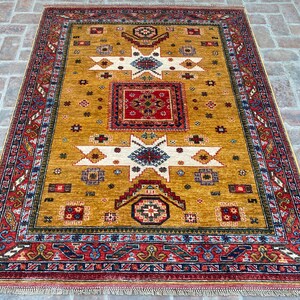 5x7 Orange Tribal Area Rug - Luxurious Afghan Rug - Hand-knotted Rug - Vegetable Dyed Rug - Wool Rug - Rugs for Living Room - Bedroom Rug