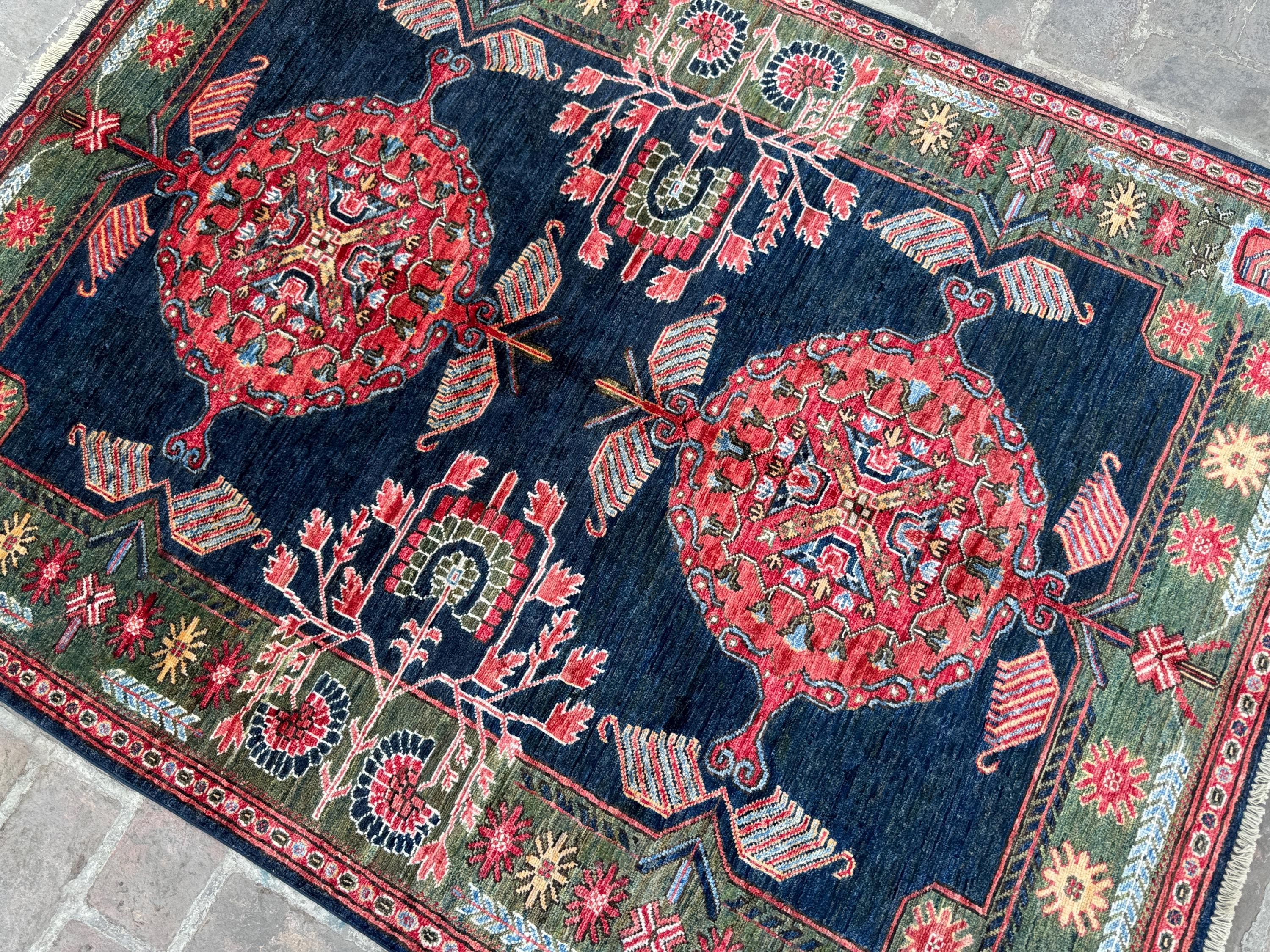 ネイビーブルー 5x7 オリエンタルエリアラグ - リビングルームと