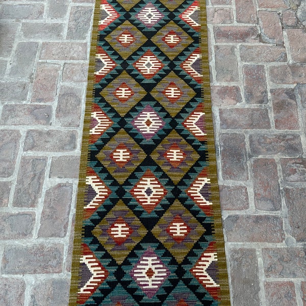 2x6 Flat-Weave Kilim Runner - 64x192cm Colourful Afghan Tribal Kilim Hand-Woven with Natural Dyes & Hand-Spun Wool - Rug for Entryway