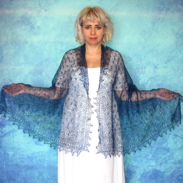 Hand knit dark navy blue scarf, Handmade Russian Orenburg shawl, Goat wool cover up, Lace pashmina, Kerchief, Stole, Tippet, Warm wrap, Cape