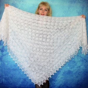 White hand knit Orenburg Russian shawl, Warm cover up, Wool wrap, Lace wedding shawl, Bridal stole, Handmade kerchief, Big women's scarf