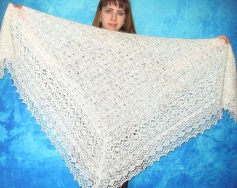 Warm thick hand knit white Orenburg Russian shawl, Shoulder cape, Wool wrap, Handmade kerchief, Winter scarf, Wedding stole, Bridal cover up