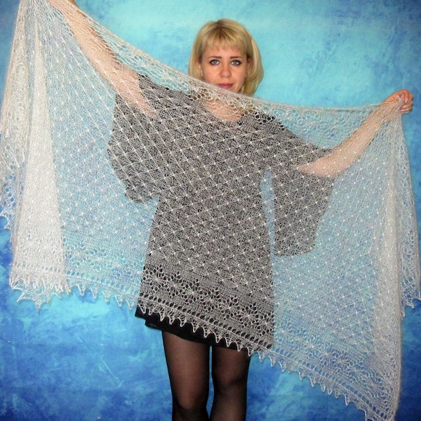 White wool warm women's scarf, Goat down Russian shawl, Handmade Orenburg kerchief, Hand knit wrap, Wedding stole, Bridal cover up, Cape