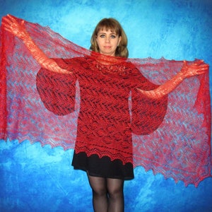 Red wool scarf, Hand knit wrap, Lace wedding shawl, Warm bridal cape, Goat down cover up, Russian Orenburg shawl, Handmade stole, Kerchief
