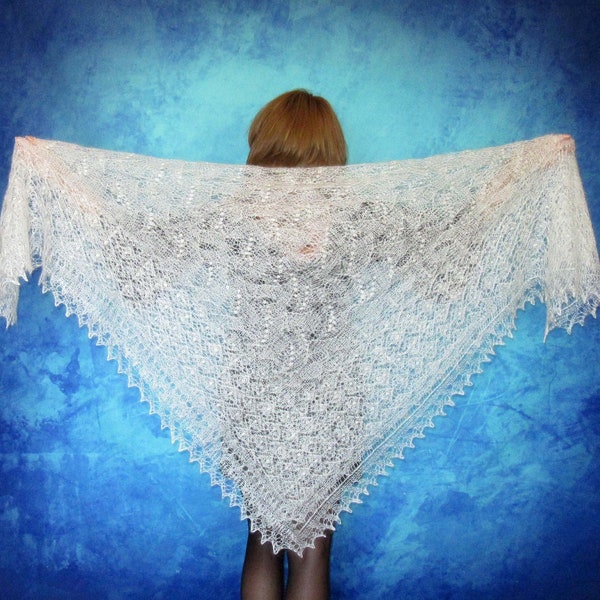 White embroidered Orenburg Russian shawl, Hand knit wool wrap, Handmade kerchief, Warm women's scarf, Lace wedding stole, Bridal cover up