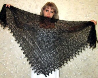 Hand knit black Russian Orenburg shawl, Warm wool wrap, Goat down kerchief, Mourning cover up, Handmade stole, Shoulder cape, Women's scarf