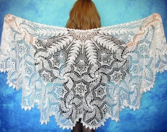 White crochet Russian shawl, Hand knit Orenburg shawl, Wool shoulder wrap, Goat down stole, Warm bridal cape, Openwork cover up, Kerchief