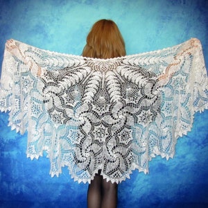 White crochet Russian shawl, Hand knit Orenburg shawl, Wool shoulder wrap, Goat down stole, Warm bridal cape, Openwork cover up, Kerchief