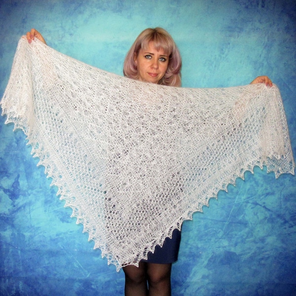 White Orenburg shawl, Hand knit Russian shawl, Lace wedding shawl, Bridal cover up, Warm cape, Wool wrap, Handmade stole, Kerchief, Scarf