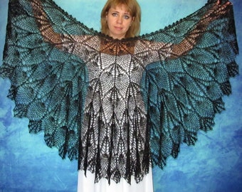 Capa negra de punto hecha de plumón de cabra natural, chal ruso de Orenburg tejido a mano a ganchillo, capa calada, pañuelo, bufanda cálida