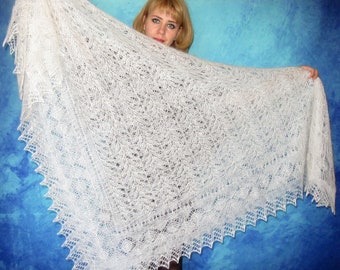 White warm Orenburg Russian shawl, Hand knit wool wrap, Lace wedding cover up, Bridal stole, Handmade kerchief, Shoulder cape, Women's scarf