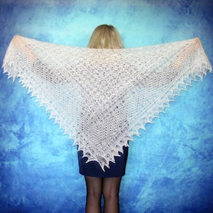 White hand knit Orenburg Russian shawl, Lace wedding stole, Bridal cover up, Warm shoulder cape, Wool wrap, Handmade kerchief, Women's scarf