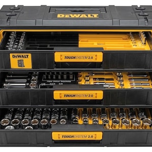 May include: A black and yellow DeWalt ToughSystem 2.0 tool storage unit with three pull-out drawers. Each drawer features yellow handles labeled ToughSystem 2.0 and contains organized metal socket sets and various tool accessories in yellow trays.
