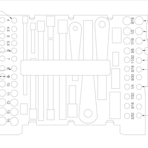 May include: A detailed engineering drawing of a tool or gauge, featuring various shapes and sizes. Includes measurements in inches, such as 0.55", 0.59", and 0.64". The design is rendered in black and white, highlighting its precision.