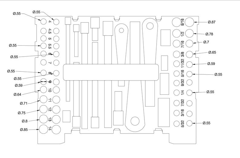 May include: A detailed engineering drawing of a tool or gauge, featuring various shapes and sizes. Includes measurements in inches, such as 0.55", 0.59", and 0.64". The design is rendered in black and white, highlighting its precision.