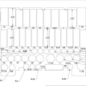 May include: Technical drawing of a rectangular object with various circular and rectangular cutouts. Dimensions are provided in inches, including heights of 3.22 and 3.27 inches, and diameters ranging from 0.96 to 1.18 inches.