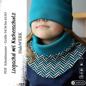 May include: A teal blue neck warmer with a black and white chevron pattern. The neck warmer is made of a soft, stretchy fabric and is perfect for keeping warm in the winter. The text "Loopschal mit Nackenschutz" is visible on the image.