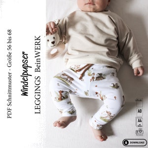 Könnte beinhalten: Ein weißes und braunes gemustertes Leggings-Schnittmuster für Babys. Das Schnittmuster ist für die Größen 56 bis 68 cm. Das Schnittmuster heißt "Windelpupser Leggings BeinWERK".