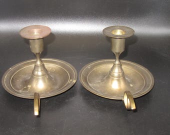 Vintage Brass Convertible Chamber Candlestick Holders, Pair, Made in India, 5" Base