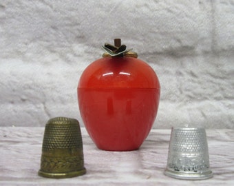 Vintage Rare Apple Sewing Straight Pin Storage and Two Vintage Thimbles