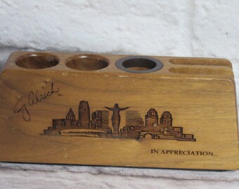 Vintage Wooden Business Card Pencil Pen Holder Desk Organizer Office Table Accessory Lasercraft Engraved Cincinnati G. Alrich