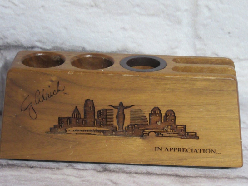 Vintage Wooden Business Card Pencil Pen Holder Desk Organizer Office Table Accessory Lasercraft Engraved Cincinnati G. Alrich image 1