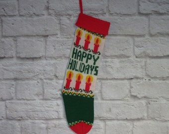 Christmas Stocking Happy HolidaysVintage 80s Knit Candles Green Red