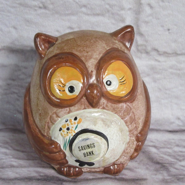 Vintage Ceramic Enesco Owl With Hat Piggy Bank Savings Bank Never Used Foil Tags