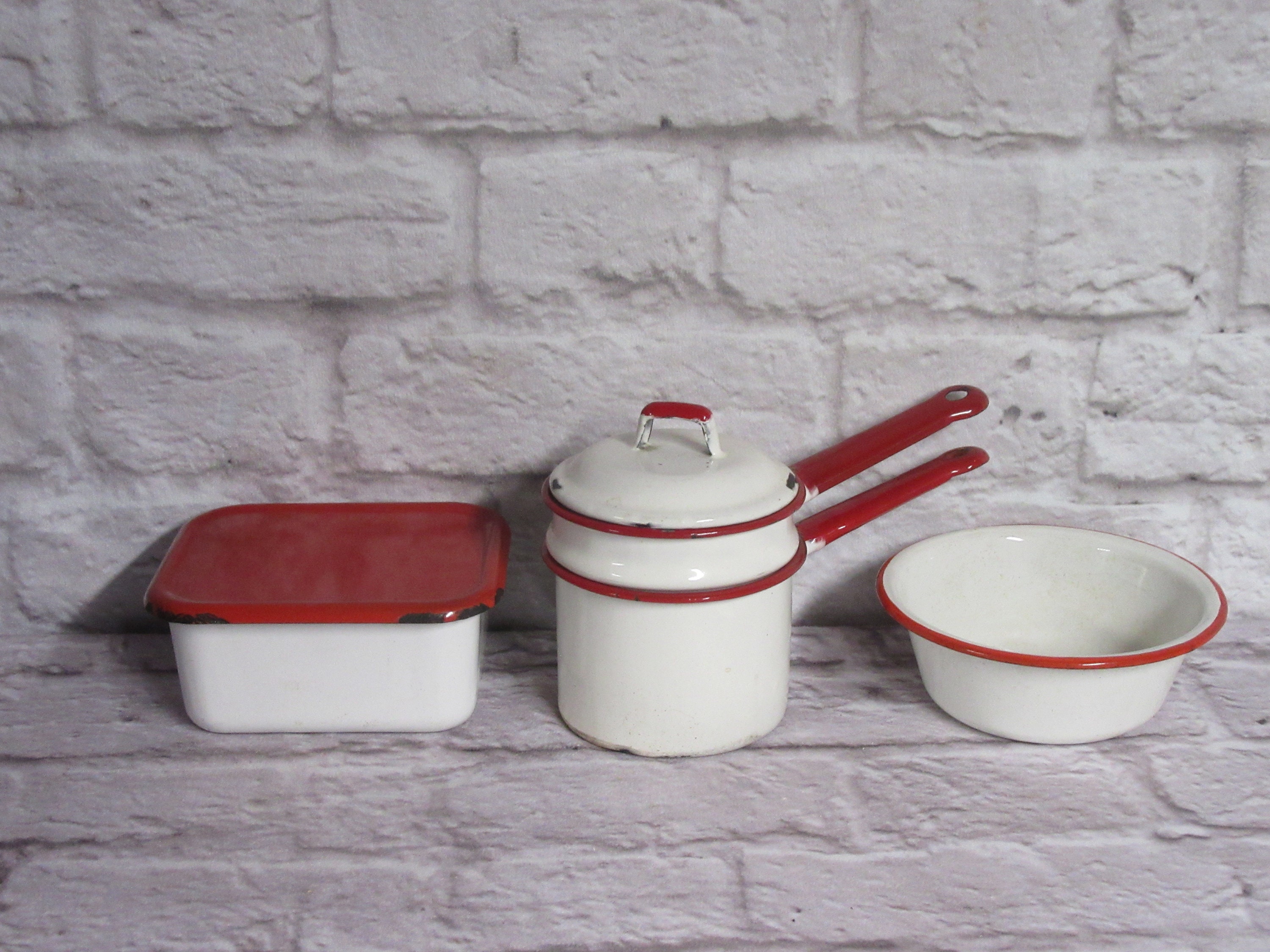 Vintage White & Red Enamel Cooking Pans Set of 3 Camping Rustic Pans