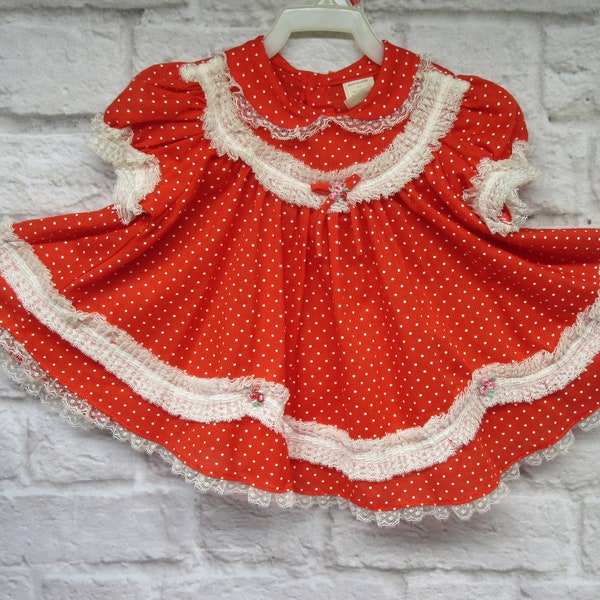 Vintage 1980's 24 months Red DRESS with White Polka Dots Circle Dress Toddler Peter Pan Collar Spring Wedding Dress Flower Girl
