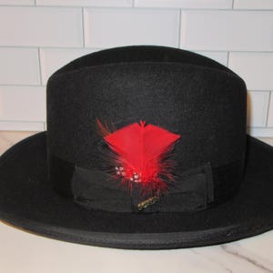May include: A black fedora hat with a wide brim and a black grosgrain ribbon band. The hat is adorned with a vibrant red feather and a small decorative element.
