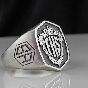 May include: A silver ring with a hexagonal design on the band and a shield-shaped crest with the initials "FHS" on the top. The crest is surrounded by ornate scrollwork.