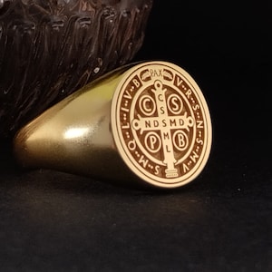 St Benedict Medal Cross Ring, 10K - 14K - 18K Gold, Religious Jewelry, St Benedict Ring, Saint Benedict Signet Ring, Cross Exorcism Ring