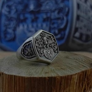 Family Crest & Coat Of Arms Signet Ring, Custom Silver Rings For Men, Heraldic Wappen Ring 925k Unique Pinky Ring Wax Seal Ring Mens Jewelry