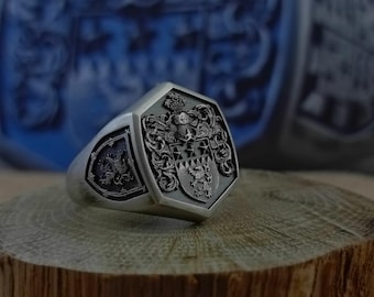 Custom Family Crest Signet Ring: Sterling Silver Heraldic Jewelry
