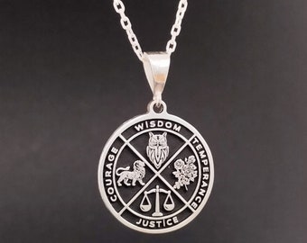 El collar estoico de las virtudes cardinales, colgante de coraje de la templanza de la sabiduría de la justicia, collar de sabiduría de la justicia, anillo de las virtudes cardinales, colgante estoico