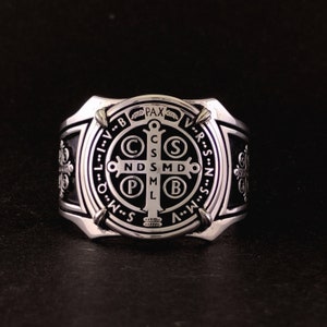 St Benedict Medal Cross Ring, 925 Sterling Silver, Religious Jewelry, St Benedict Ring, Saint Benedict Signet Ring, Cross Exorcism Ring