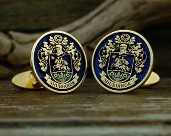 Personalized  14k  Gold  Cufflinks: Custom Family Crest, Logo Engraved