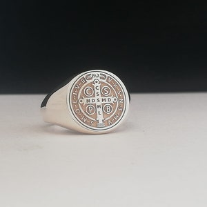 St Benedict Medal Cross Ring, 925 Sterling Silver, Religious Jewelry, St Benedict Ring, Saint Benedict Signet Ring, Cross Exorcism Ring
