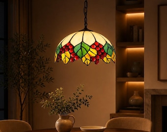 Stained Glass Pendant Light, Grape Leaf Hanging Lamp, Vintage Kitchen Ceiling Fixture